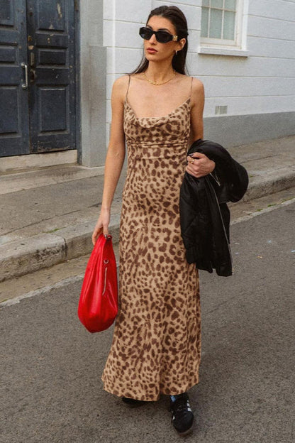 Street Style Leopard V Neck Backless Cami Maxi Dress
