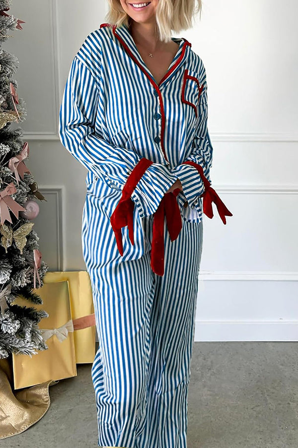 Striped Printed Color-blocked Trim Long-sleeved Loose Top and Elastic Waist Belt Wide-leg Pants Set