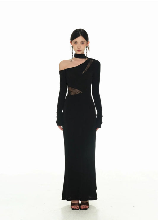 Black Asymmetric Neckline and Lace Inserts Long Evening Gown