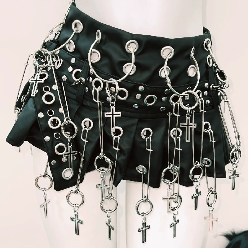 Halter hollow out o ring rivet applique mini skirt set