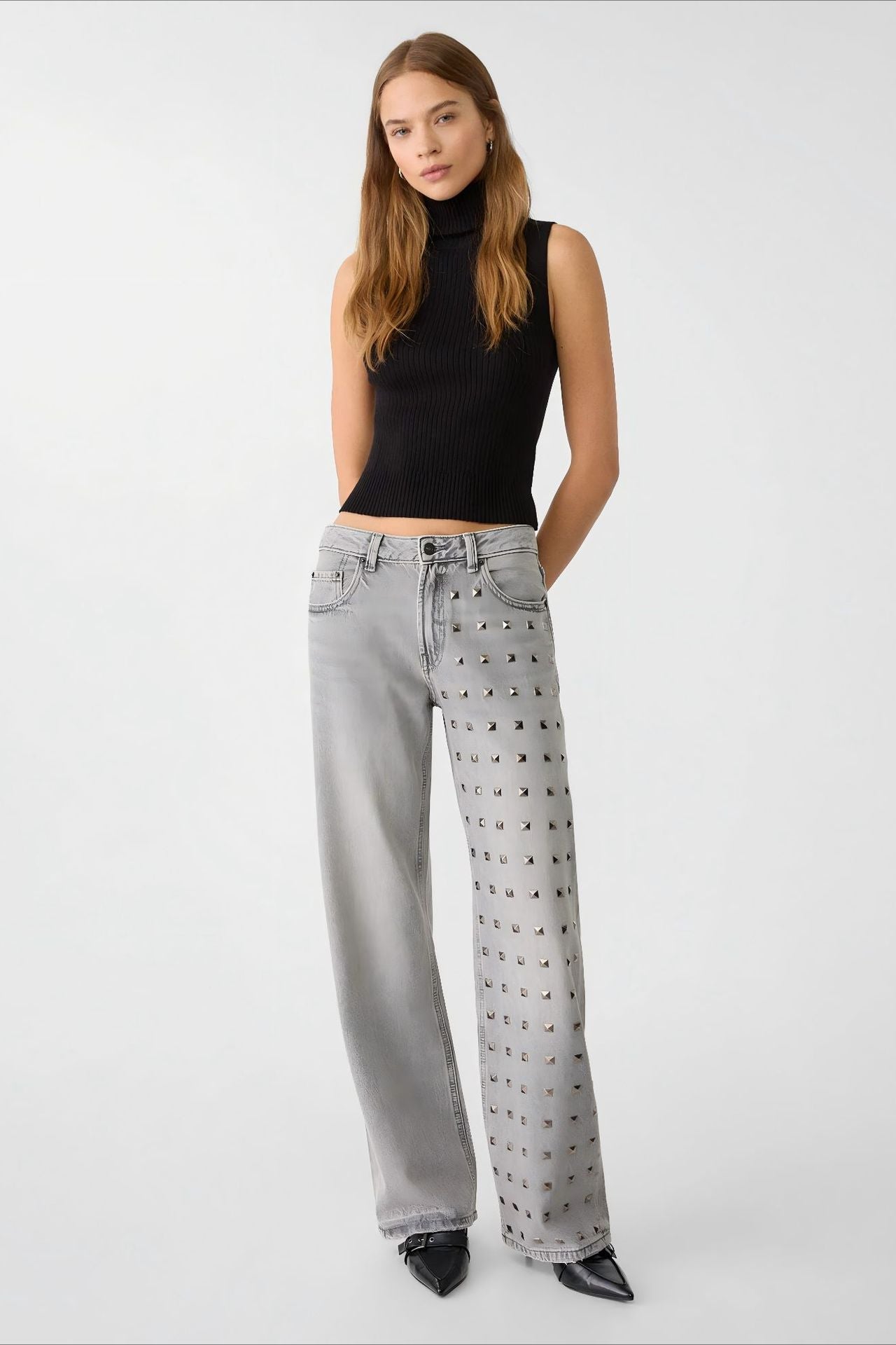 Metal Accent Trendy Wide Leg Jean