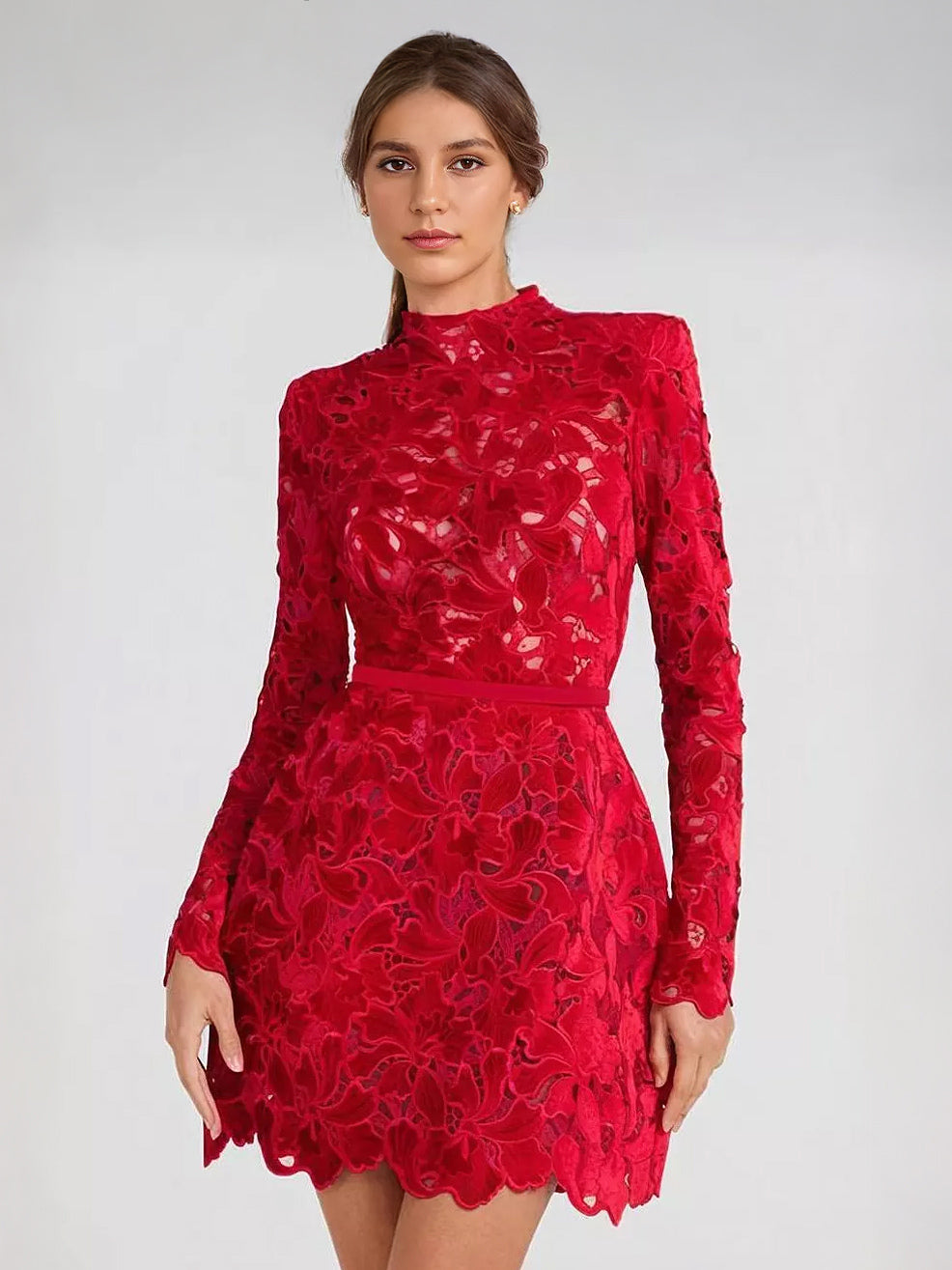 Lace Dress High Neck Long Sleeve Birthday Party Spring Mini Dress For Women 2026
