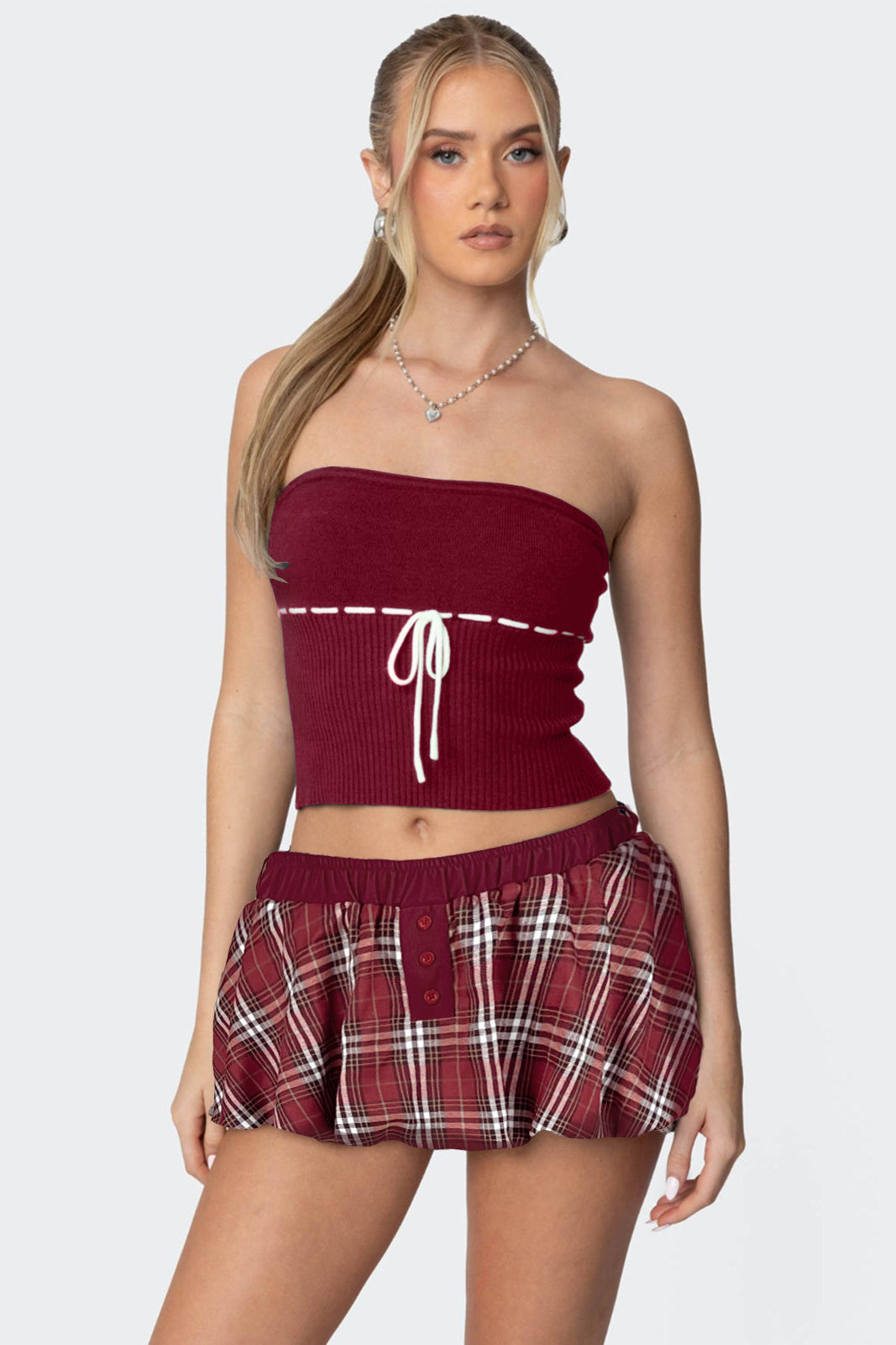 Y2K Plaid Faux Button Skirt with Built-in Shorts Skirt