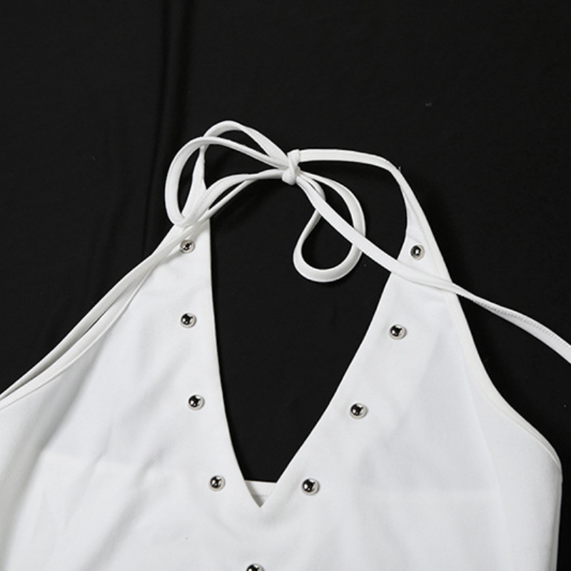 V neck letter pattern halter self tie mini dress