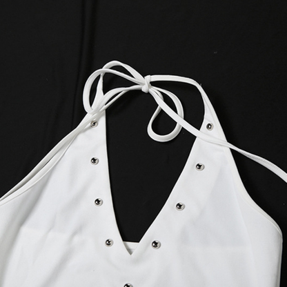 V neck letter pattern halter self tie mini dress