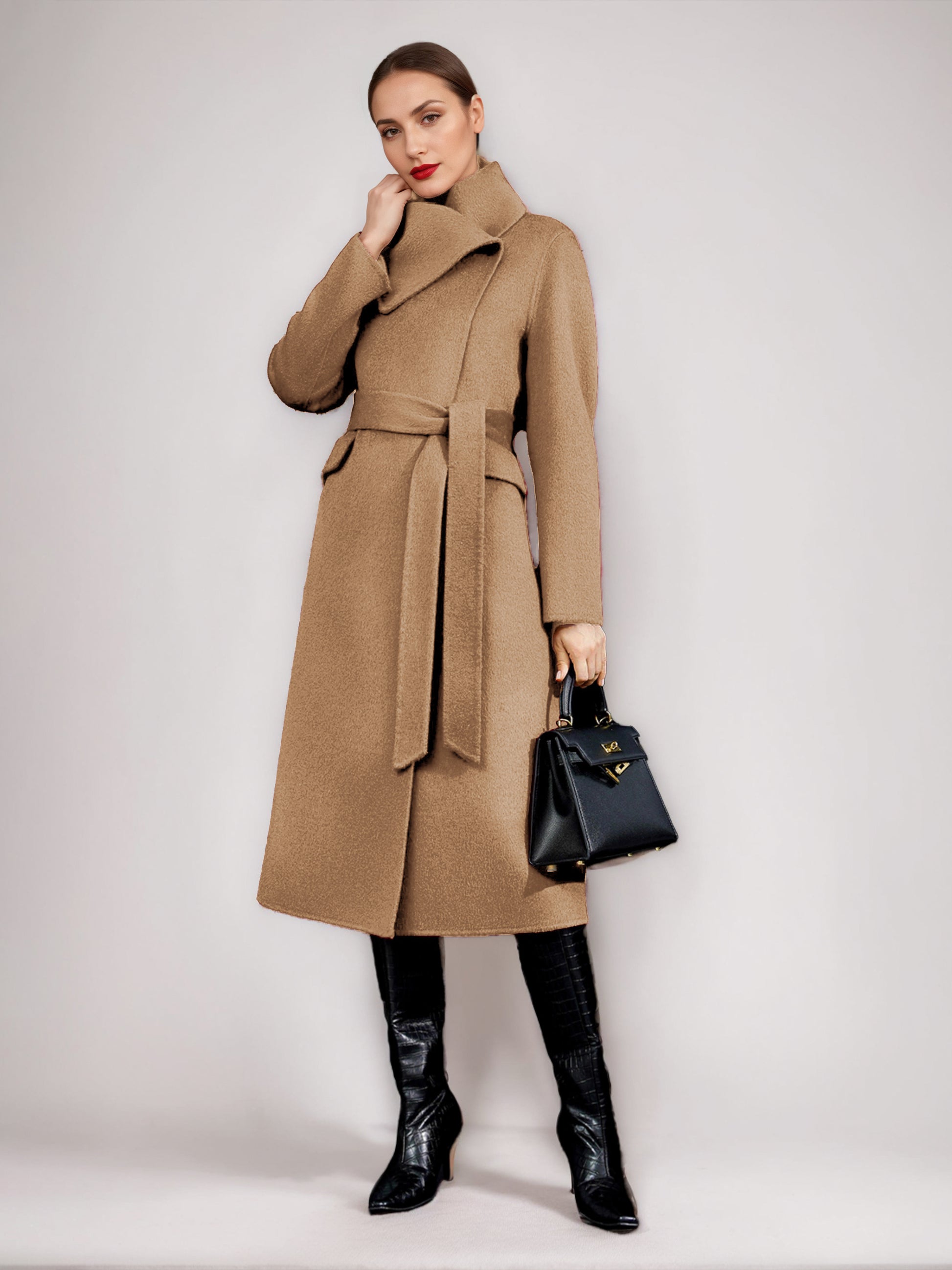Wool Cashmere Blend Coat For Woman Winter Red Belted Double-Faced Wrap Outerwear 2026