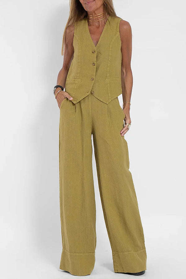 Women Casual Linen Waistcoat Two Set Suits