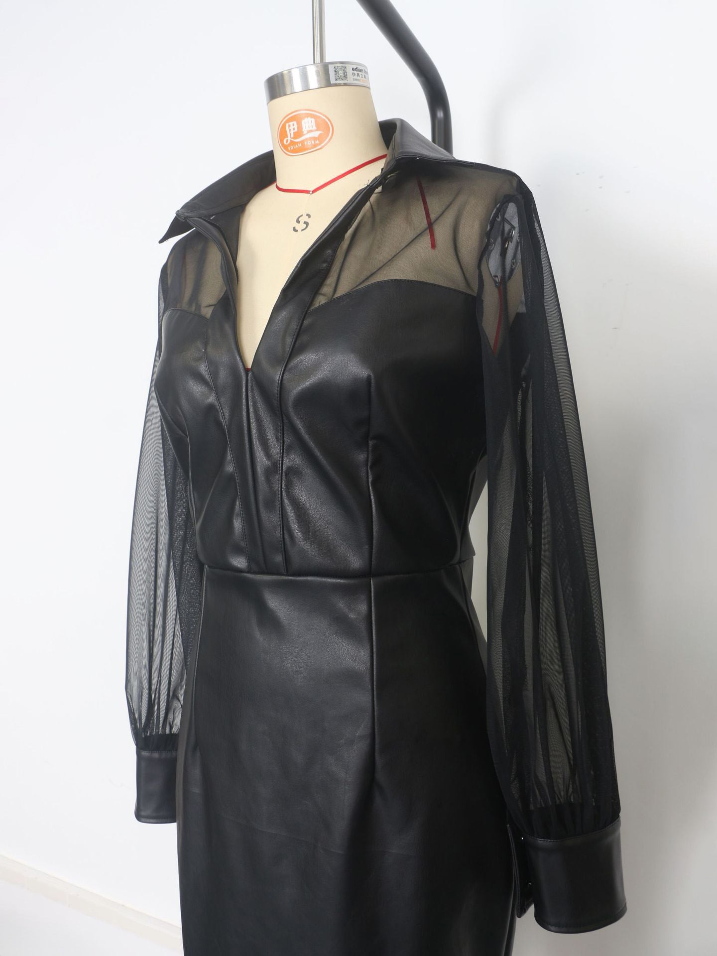 Mesh Patchwork V-Neck Faux Leather Slim Fit Puff Sleeve Midi Dress In Black For Women 2026