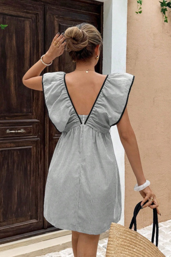 Pinstripe V-Neck Ruffle Flounce Collar Flutter Sleeve Ribbon Bow Mini Dress