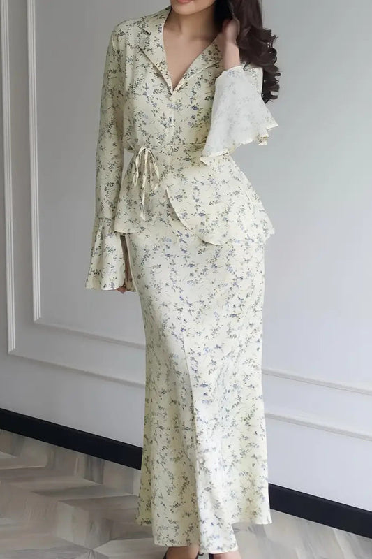 Long Sleeve Small Floral Waist Cinch Top Midi Skirt Two Piece Set