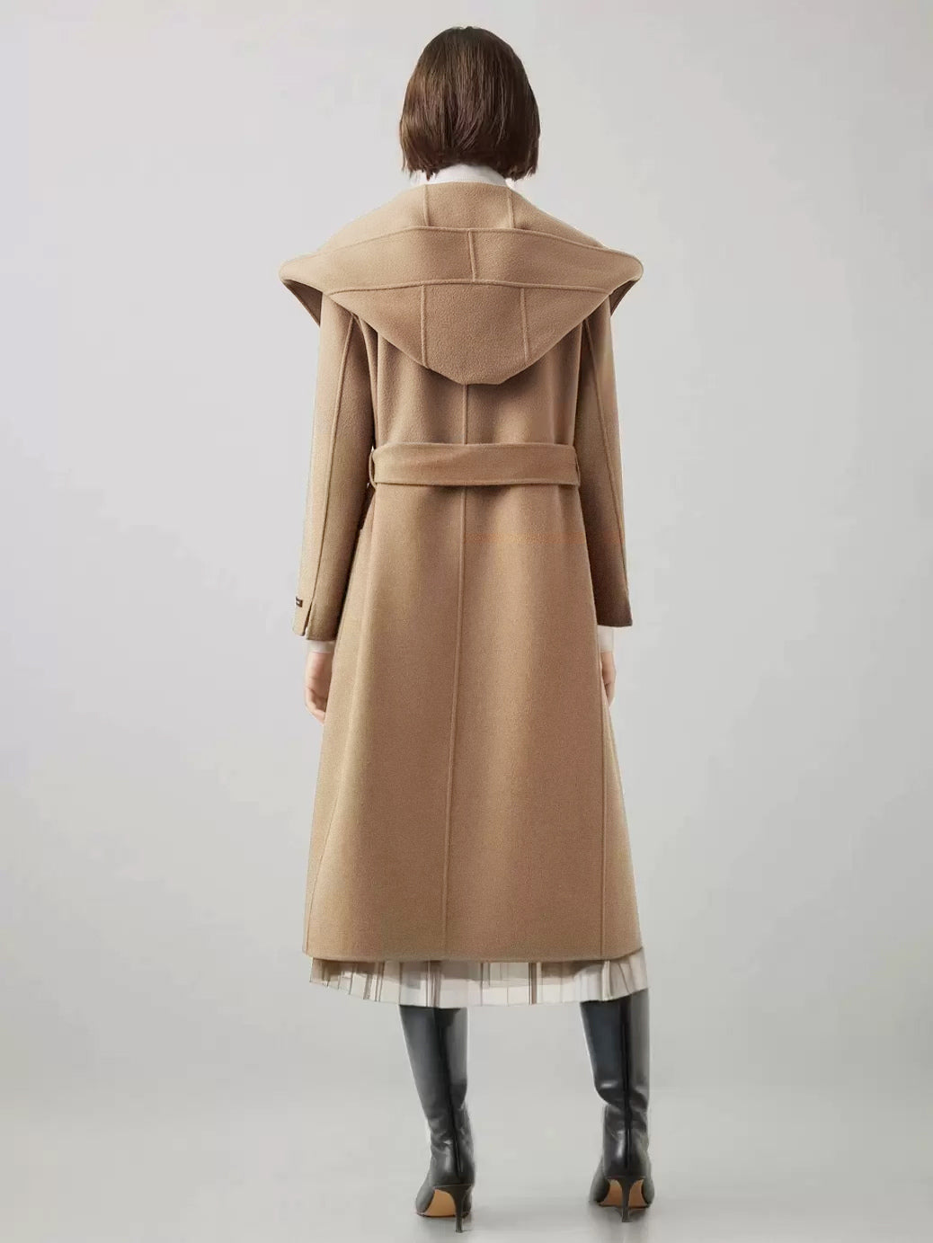 Wool Cashmere Blend Wrap Coat With Hood Double-Faced Camel Belted Winter Outerwear For Women 2026