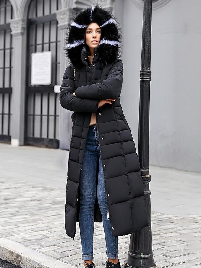 Women Coat Belted Removable Faux Fur Collar Hooded Full Length Winter Coat