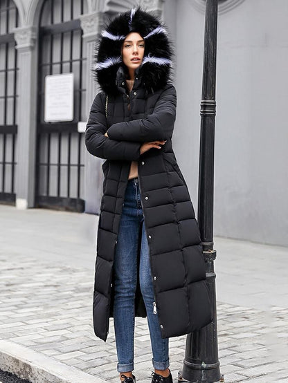 Women Coat Belted Removable Faux Fur Collar Hooded Full Length Winter Coat