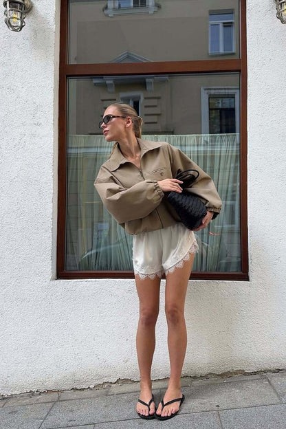 Zip Up Cropped Khaki Jacket