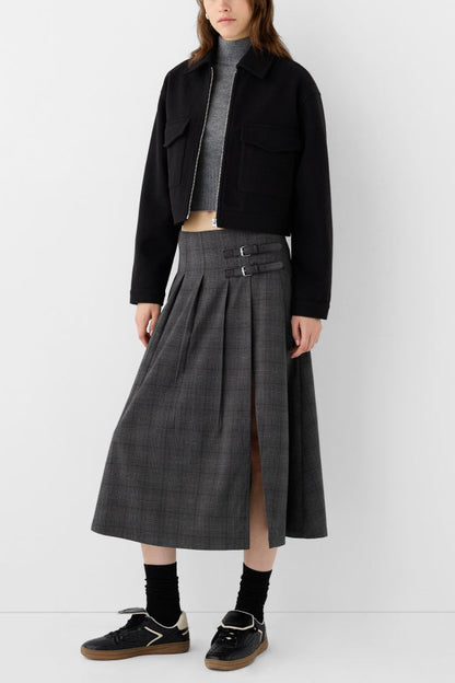 Box Pleat Midi Skirt with A Belt Detail