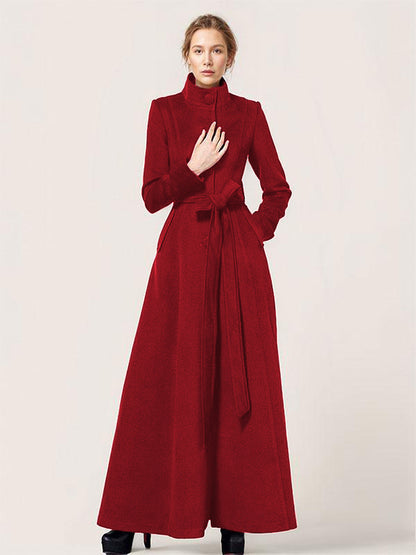 Long Wool Blend Coat Stand collar Belted Warm Classic Full-length Winter Outerwear For Women 2026