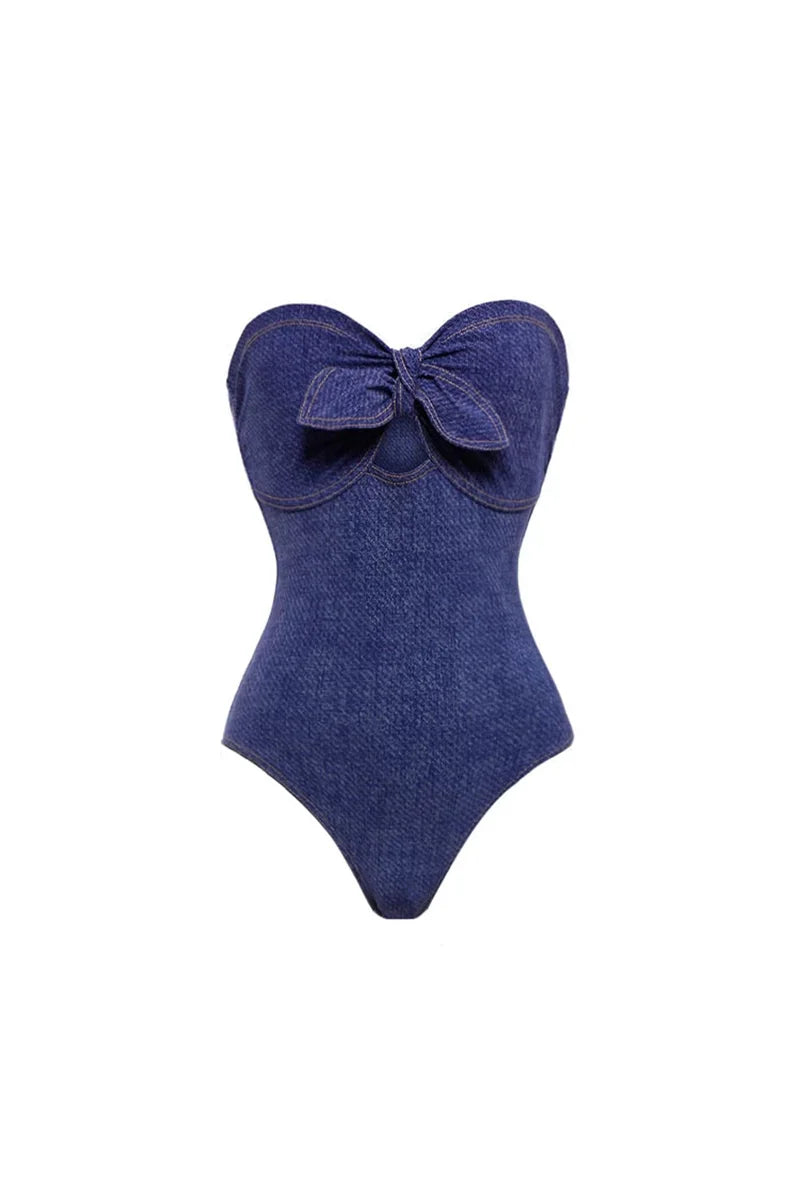 Denim Bandeau One Piece Swimsuit Set
