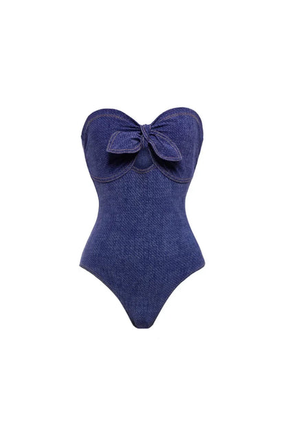 Denim Bandeau One Piece Swimsuit Set