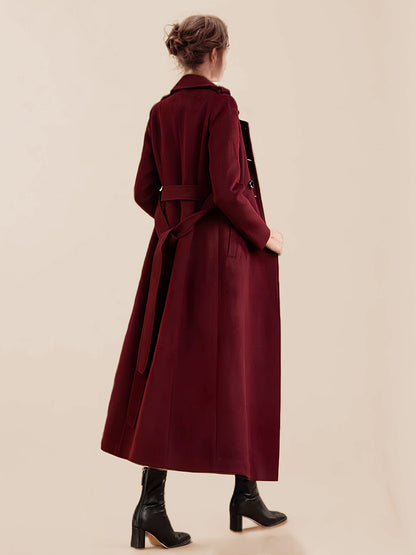Long Wool Blend Coat For Women Burgundy Double-breasted Belted Turndown Collar Classic Winter Outerwear 2026