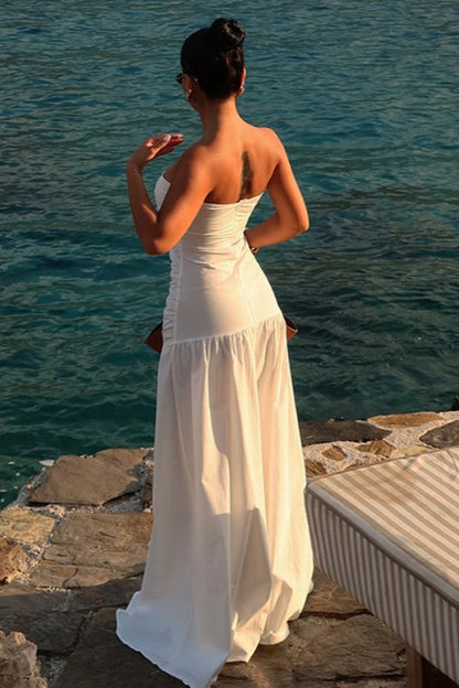 Mesh Strapless Hollow Colorblock Maxi Dress