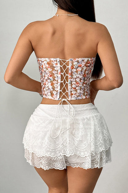 Floral Embroidery Boned Sheer Corset Crop Top