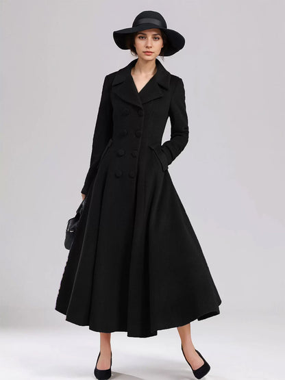 Wool Blend Flared Coat For Women Dark Navy Double-breasted Wide Lapel A-line Winter Outerwear 2026
