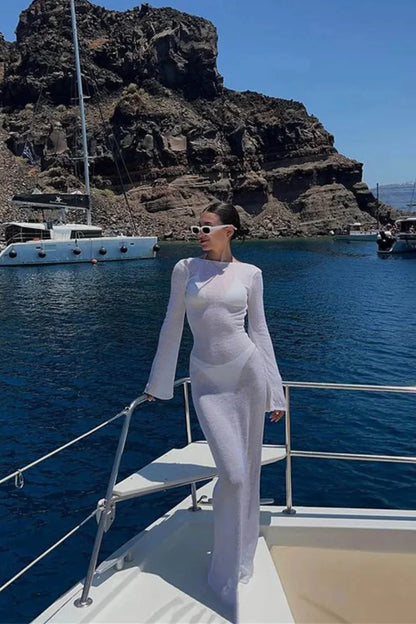 Mesh Long Sleeve See-through Wrap Maxi Dress