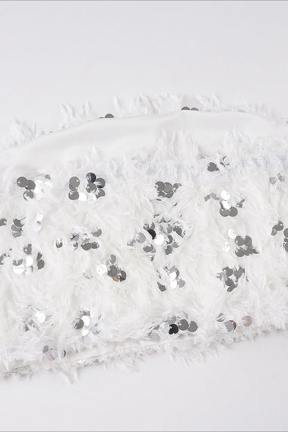 White Sequin Faux Fur Bustier Crop Top