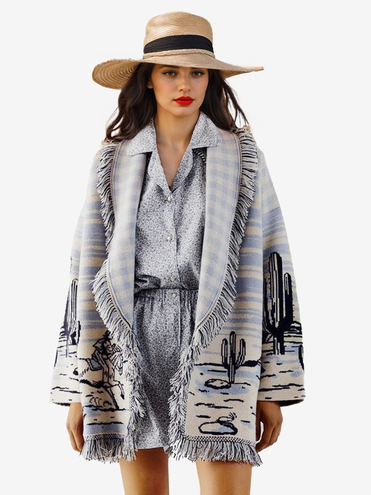 Jacquard Cardigans Tassel Trim Belted Nature Inspired Boho Sweater