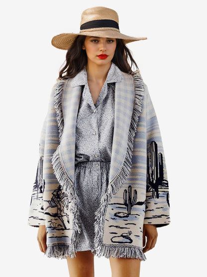 Jacquard Cardigans Tassel Trim Belted Nature Inspired Boho Sweater