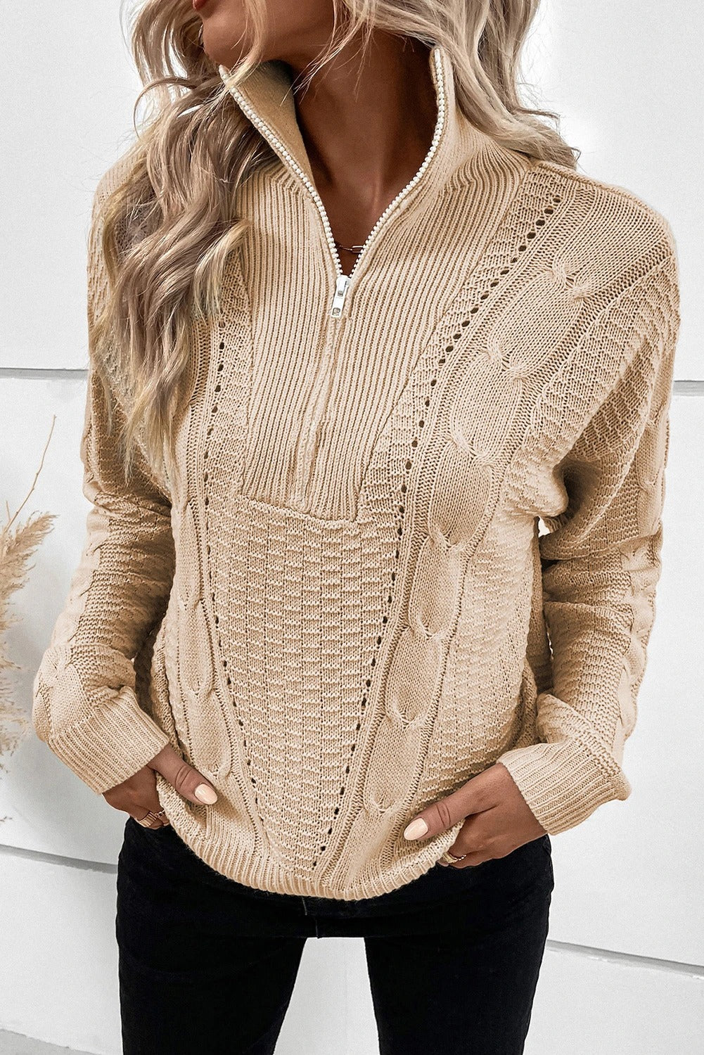 Apricot Zipped Stand Collar Cable Knit Sweater