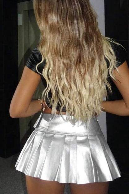 PU Leather Pleated A-Line Skirt