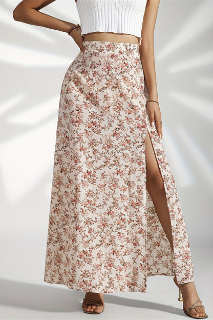 High Waist Split Floral Slim Maxi Skirt