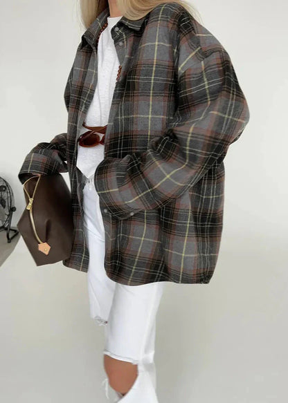 Retro Plaid Long-Sleeved Shirt - Oversized Comfort for Women
