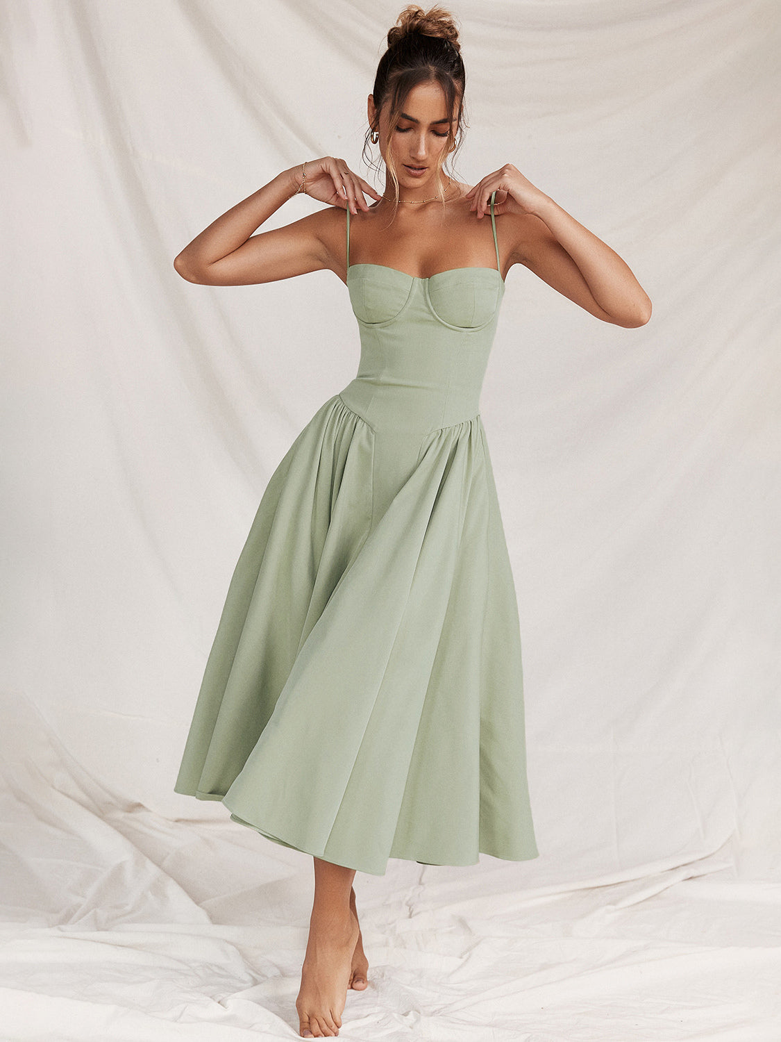 Soft Pink Corset Dress Spaghetti Strap Backless Pleated Cottagecore Midi Dress 2026