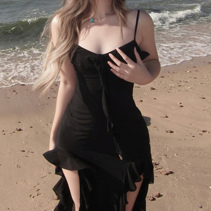 Irregular ruffle slit cami midi dress