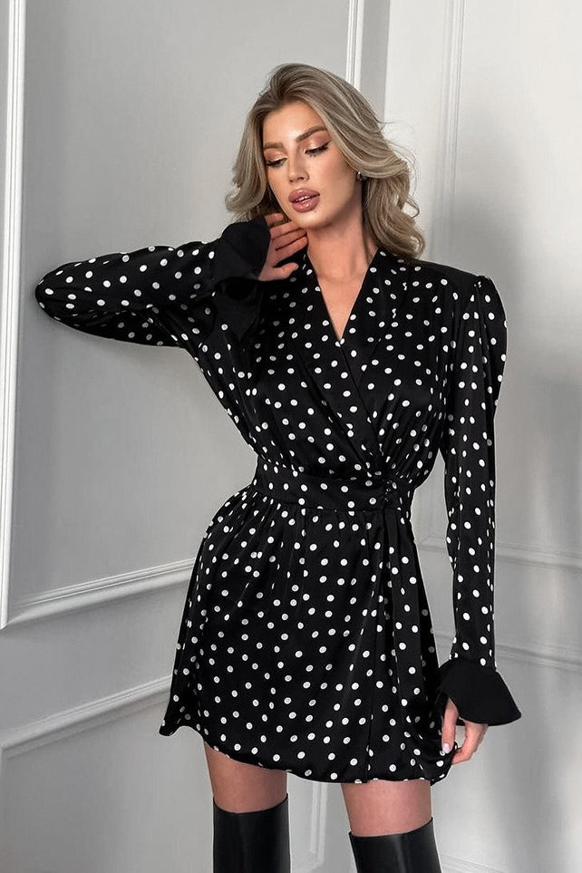 Polka Dot Wrap Deep V-Neck Puff Sleeve Flare Cuff Mini Dress