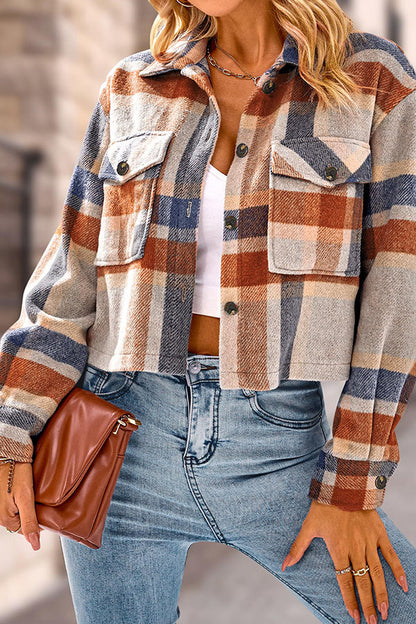 Lapel Pocket Fashion Casual Cropped Ladies Plaid Jacket
