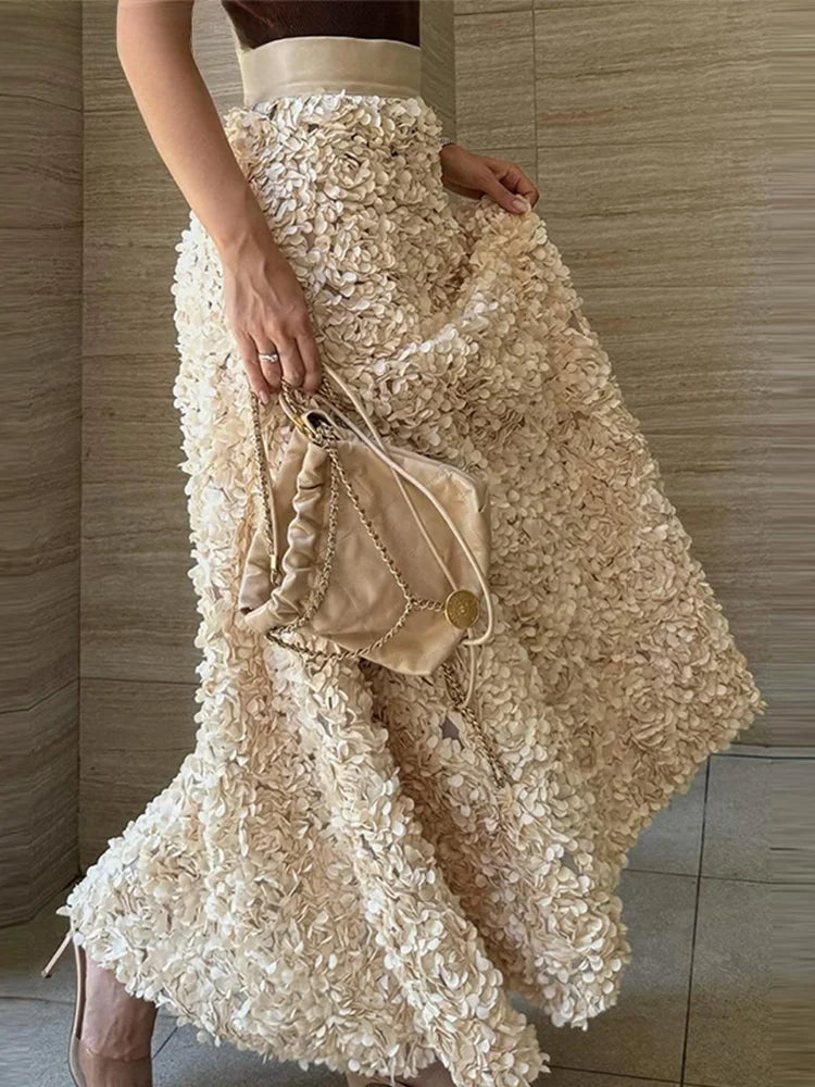 Elegant 3D Flower Solid A-Line Elastic High Waist Skirt