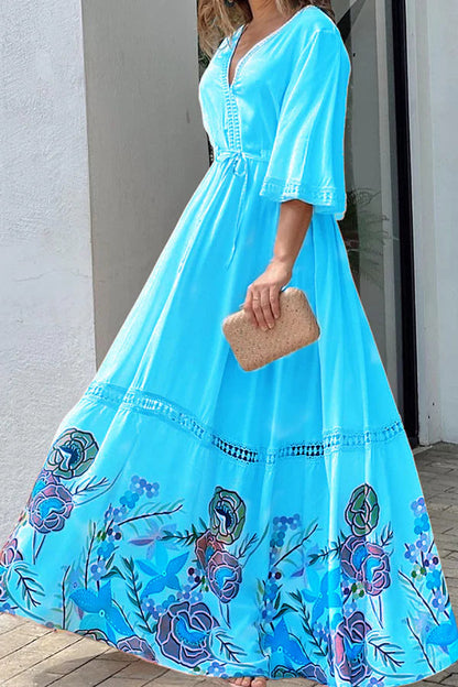 Elegant Unique Printed Lace Patchwork Lace Up Maxi Dress