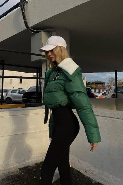 Polar Fleece Patchwork Faux Fur Collar Puffer Jacket