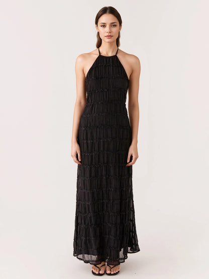 Halter Neck Pleated Maxi Dress for Women - Boho Ruched Backless Sleeveless Tiered Long Sundress - Summer Beach Event 2026