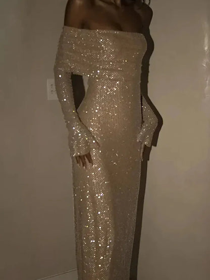 Off Shoulder Strapless Sparkle Backless Long Flare Maxi Dress