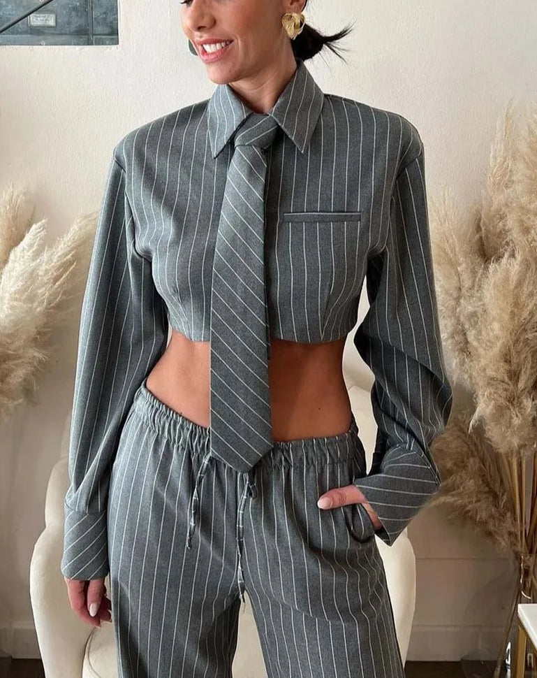 Grey Print Crop Drawstring Trousers Office Two Piece Set