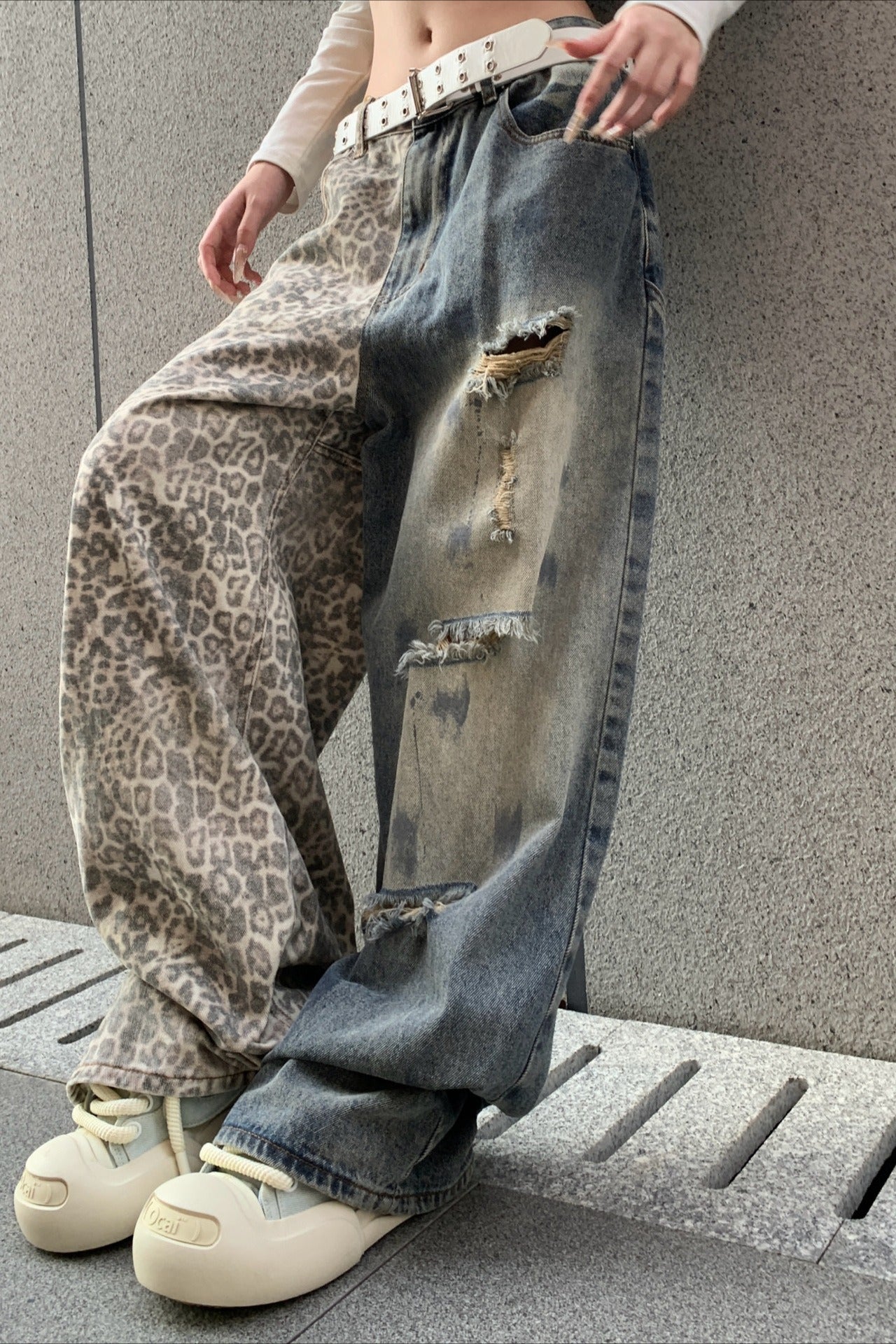 Leopard Print Ripped Wide Leg Jeans