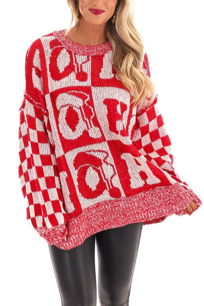 Christmas Letters Round Neck Long Sleeve Loose Knitted Sweater