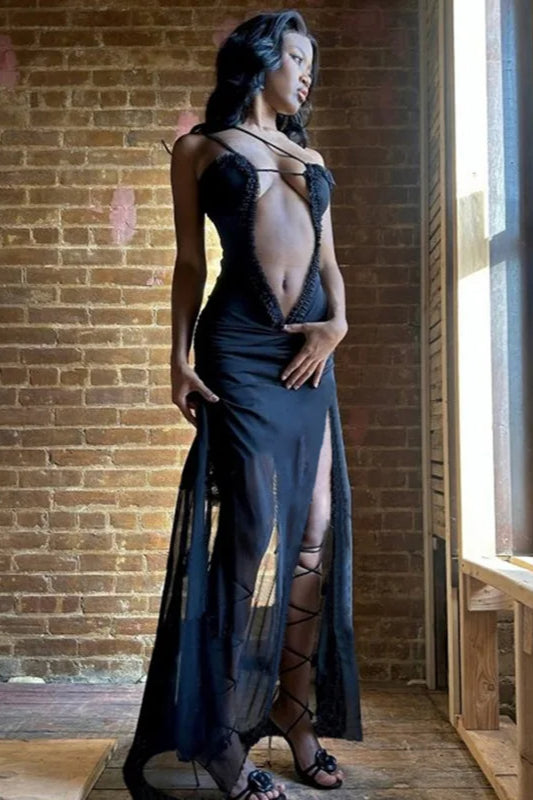 Asymmetric Spaghetti Strap Plunging Cut-Out Ruched Thigh Slit Maxi Dress