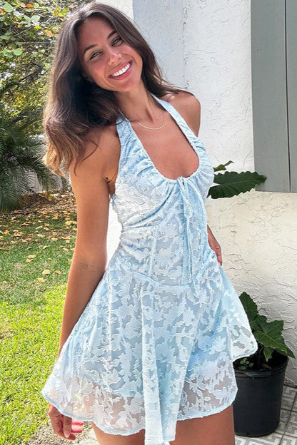 Halter Ruched Drawstring Jacquard Floral Burnout Fit-and-Flare Mini Dress