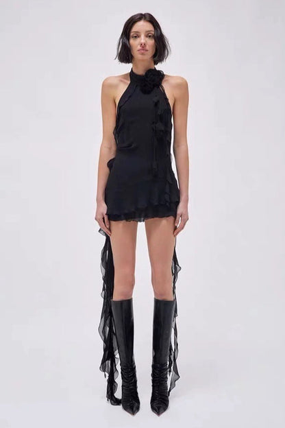 Asymmetric Rose Halter  Mini Dress