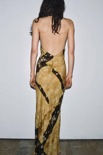 Ninah Color-block Floral Print Cutout Adjustable Halter Neck Maxi Dress